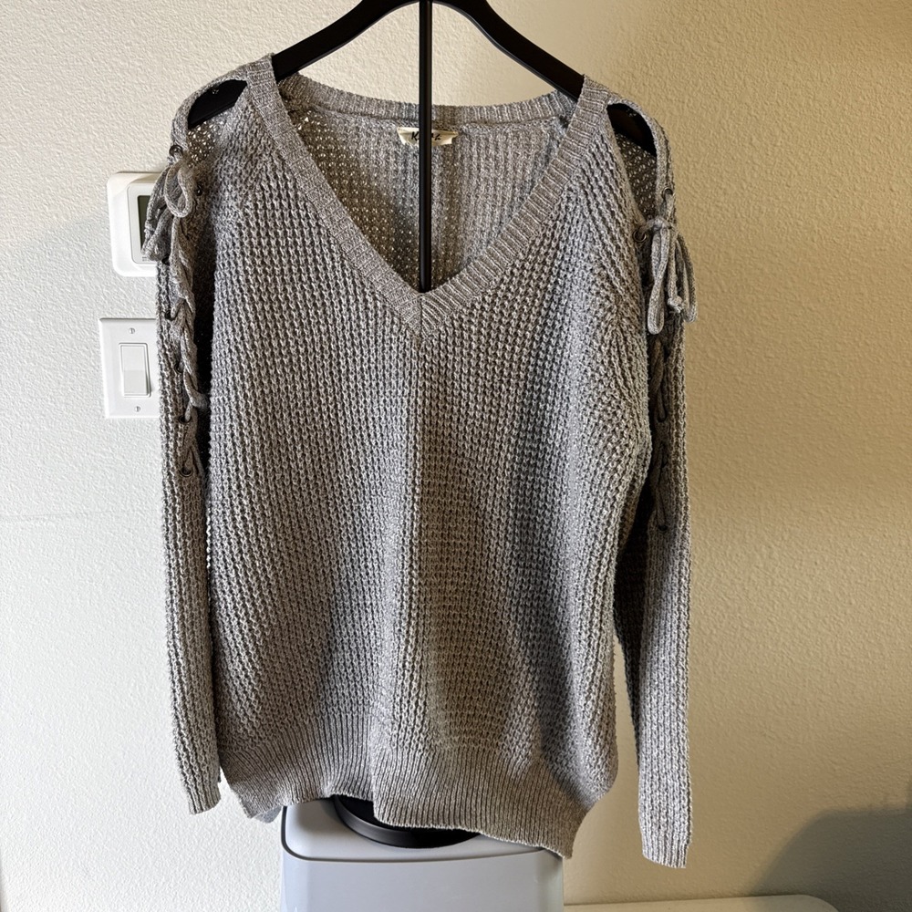 Kye‎ Mi Women's V Neck Knit Sweater Cutout Sleeves with Ties Gray Size L
